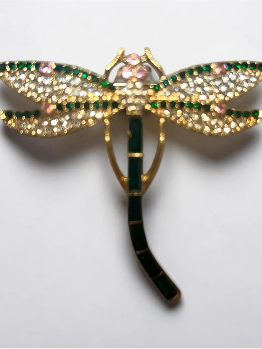 Gold-Tone Dragonfly Brooch with Green and Pink Accents